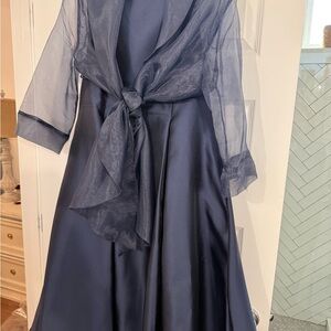 Adrianna Papell Midnight Blue Tea Length Gown w/ navy sheer wrap.